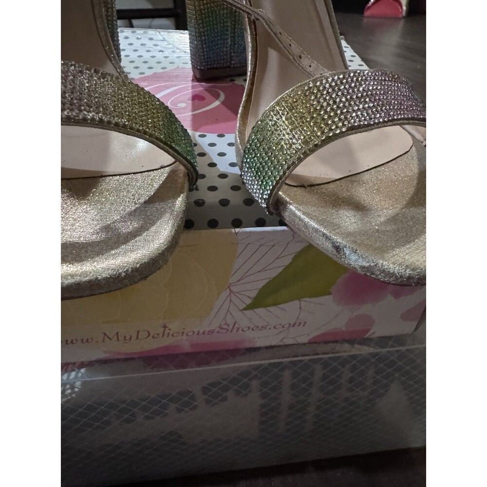 Delicious Multicolor Gold Rhinestone Strappy Ankle Strap Block Heels US 10 - Picture 5 of 12